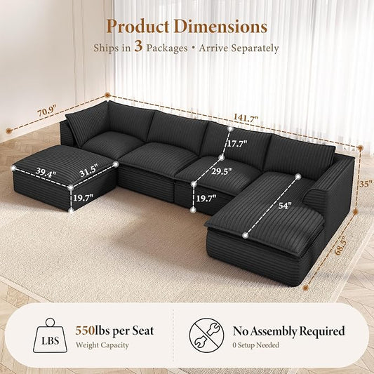 Vesgantti 141.7" U Shaped Sectional Boneless Couch, Modern 6 Seater Modular Sofa with Chaise & Ottoman, Deep Seat Plush Corduroy Cloud Couches for Living Room, No Assembly Required, Dark Gray