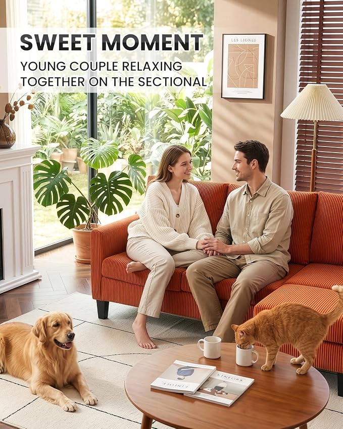 Karl home 67" Small Sectional Couch L Shaped Sofa, Orange | Movable Storage Ottoman, Corduroy Upholstered, Sofa Chaise, Side Pockets 5.9" Sofa Legs for Living Room, Apartment, Studio