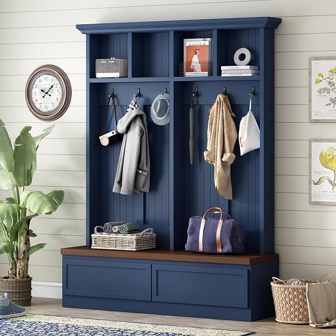 55.9" W Hall Tree with Bench and Shoe Storage,Shoe and Coat Rack with Drawer and Hooks,Farmhouse Furniture for Entryway,Mudroom,Living Room,Blue
