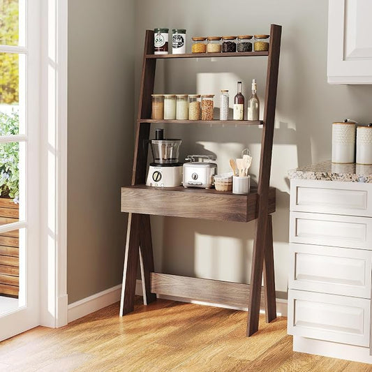 Tangkula Ladder Desk with Countertop & Drawer, Home Office Computer Laptop Table with Open Shelves & Anti-Tip Kits, Wall-Leaning Compact Working Station for Small Spaces (Walnut)