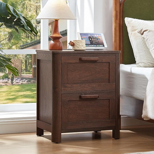 Joaxswe Farmhouse Nightstand Set of 2 with Charging Station, End Tables Bedroom with 2 Large Drawers & 4 Thickened Table Legs, Walnut