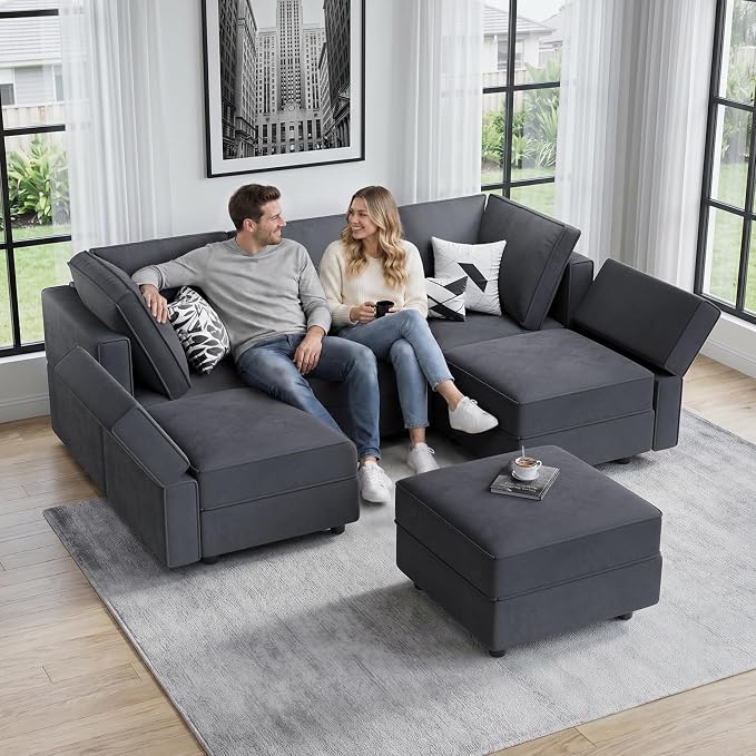 Vesgantti Sectional Sleeper Sofas with Storage, 92" Sofa Bed with 6 Seats Storage Chaises Removable Cover, Deep Seat Modular Couches Velvet Couch Set for Living Room, Apartment, Home Theater, Gray