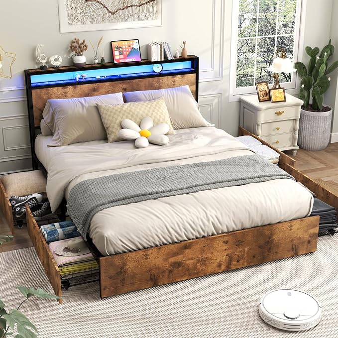 Kiivakii Full Size Bed Frame with Headboard, LED Platform Bed Frames with 4 Storage Drawers, Built in Charging Station, Noise Free, Stable and Solid, No Box Spring Needed, Rustic Brown