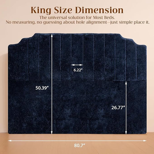 King Headboard Only - Blue Velvet Upholstered Headboard for Bed, No Assembly Required, Pure Sponge Design, Comfort Head Board, Place Between Bed & Wall, Vertical Stripe with Stepped Crown Top Edge