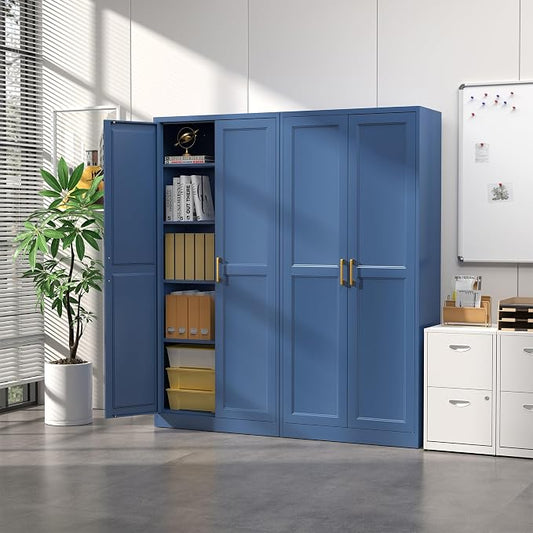 SteeLoong Kitchen Pantry Cabinet,71” Metal Pantry Storage Cabinets with Doors and 4 Adjustable Shelves,Blue Kitchen Cabinet with 2 Gold Handles,Tall Cabinet for Livingroom