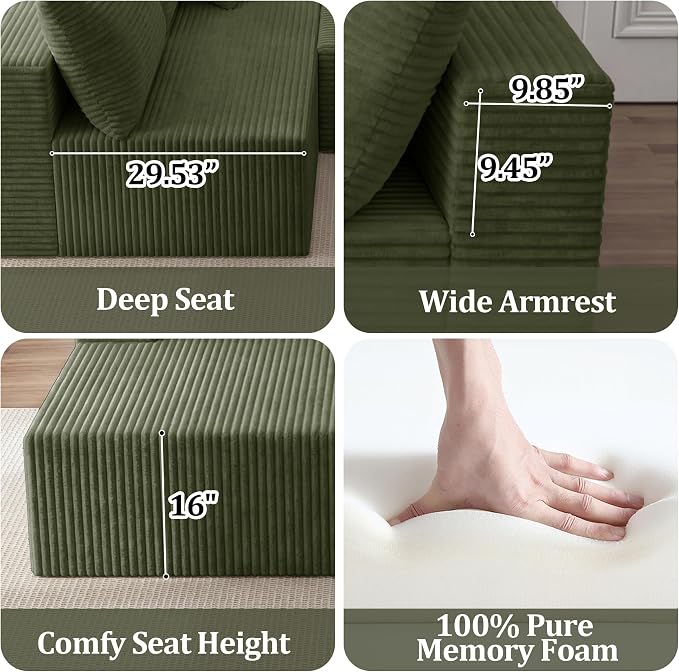 108" Modular Sectional Sofa, L-Shape Cloud Couch with Deep Seats & Chaise, 4-in-1 Covertible Corduroy Boneless Couches for Living Room, Bedroom, No Need Assembly - Green(Right Facing Chaise)