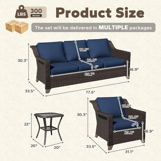 4 Pieces Patio Conversation Furniture Set - 1 Sofa, 2 Armchairs, 1 Side Table, Outdoor Wicker Furniture with Removable Cushions for Porch, Balcony, Sunroom (Blue)