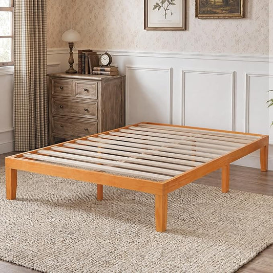 Sweetcrispy Queen Size Bed Frame 14 inch Heavy Duty Platform Bedframe, 1000 lbs Capacity, Underbed Storage, No Box Spring Needed, Wooden Slats, Easy Assembly with Velcro, Honey Finish