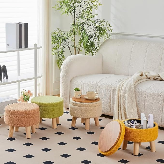 Wimarsbon Storage Ottoman, Modern Round Footrest with Soft Padded Seat, Teddy Velvet Footstool with Wood Legs, Accent Small Table or Plant Stand for Hallway, Living Room (Brilliant Yellow)