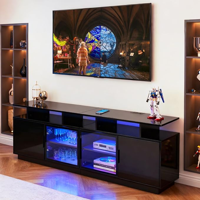 70 Inch Black TV Stand for Living Room, LED Entertainment Center for Gaming, Modern TV Cabinet Console, Transparent Glass Door Storage Cabinet