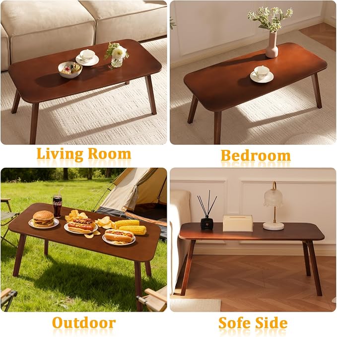 Baveke Folding Coffee Table- Foldable Floor Tables, Mid Century Coffee Table for Living Room, Small Coffee Tables Solid Wood Japanese Low Table for Sitting on Floor, No Assembly, 39.4''-Brown