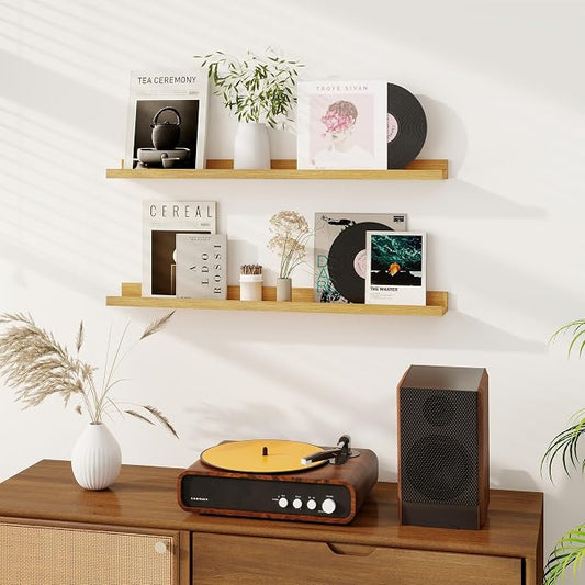 Dreamland Picture Ledge Shelf for Wall, Floating Shelves Set of 2, 36 Inch Long Floating Shelves with Lip for Living Room, Bedroom, Bathroom, Kitchen, Oak