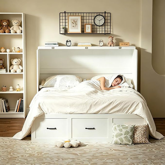 Full Size Murphy Bed with Storage & Charging Station – Farmhouse Cabinet Bed, Space Saving & Noise-Free Wall Bed for Guest Bedroom, Living Room, Office, White