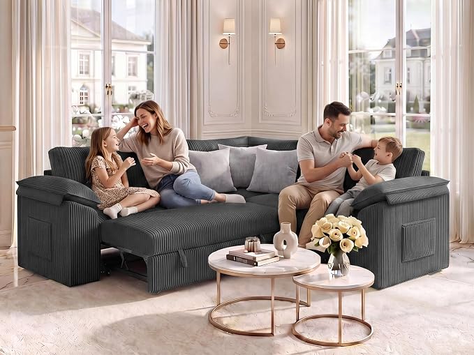 85 Inch Modular Sectional Sofa with Pull Out Couch Bed, L Shaped 5 Seat Sectional Couch with Storage, Corduroy Sectional Couches for Living Room, Cloud Modular Couch, Removable Sofa Cover, Dark Grey