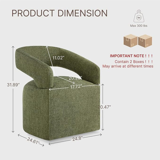 KISLOT Upholstered Dining Chairs Set of 2, Modern Arm Kitchen & Dining Room Chairs with Hidden Casters, Linen Fabric Padded Rolling Chairs, Sturdy Wood Frame, 300 lbs Capacity, Moss Green