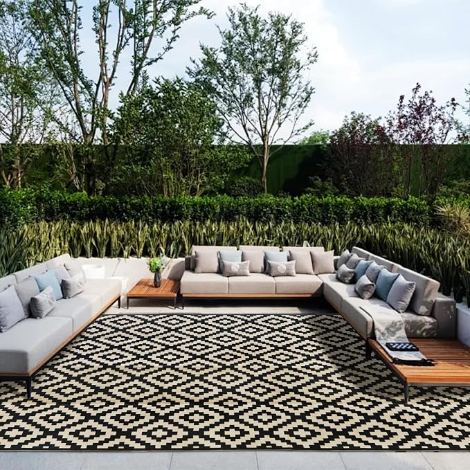 SAND MINE Waterproof Outdoor Rug 10x20 ft, Plastic Reversible Rug, Modern Area Rug, Large Floor Mat for Outdoors, RV, Patio, Backyard, Deck, Picnic, Beach, Camping, Black & Beige