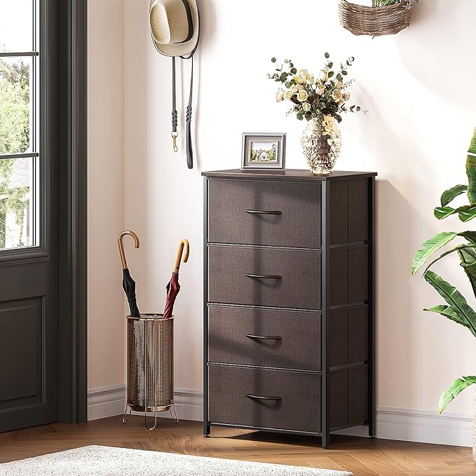 ODK Dresser for Bedroom with 4 Storage Drawers, Small Dresser Chest of Fabric Drawers with Sturdy Steel Frame, Wood Top, Brown
