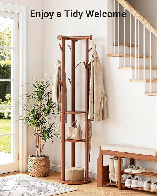 Pipishell Solid Wood Freestanding Coat Rack, Coat Tree with 5 Wheels, Wooden Coat Stand with 9 Hooks & 3-Tier Shelves for Entryway, Bedroom, Hallway, Living Room