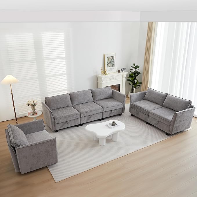 ORRD Sleeper Modular Sectional Sofa Set, Convertible Couch Bed with Storage, 4 Seater and 4 Armrestes Sofa Modular for Living Room, Office (Grey)