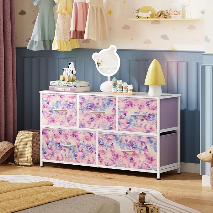 WLIVE Dresser for Bedroom with 5 Drawers, Wide Chest of Drawers, Fabric Dresser, Storage Organizer Unit with Fabric Bins for Closet, Living Room, Hallway, Tie-dye Print (Pink, Purple, Blue)