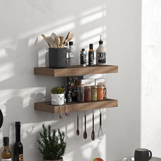 Fun Memories Floating Shelves - 16 Inch Wall Shelf for Decor & Storage - Wall Mounted Display Shelving with Invisible Heavy-Duty Metal Bracket 2Pack, Walnut