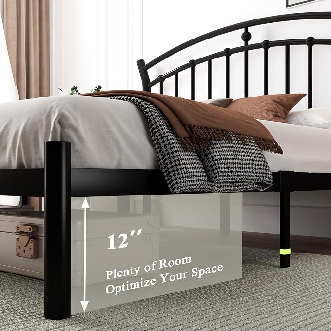 Feonase Full Black Bed Frame, Heavy-Duty Metal Bed Frame with 13 Hardened Steel Slats, 12" Under-Bed Storage, Noise-Free, Easy Assembly