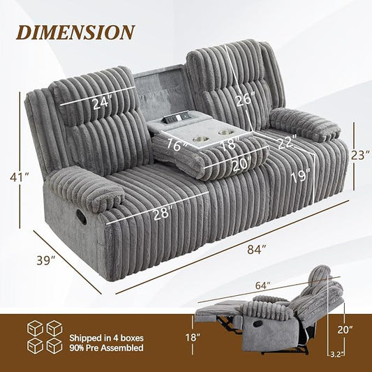 Oversized Reclining Sofa Set with Hidden Cup Holders & Wireless Charger, Manual Double Recliner Sofa, Wall Hugger Recliner Couch with USB Ports for Living Room (Gray, Loveseat+Sofa)