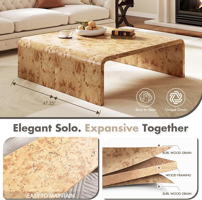 Hyfirm 47" Mid Century Modern Burl Wood Coffee Table, Rectangular Waterfall Center Table for Living Room, Minimalist Large Sofa Table with Rounded Edges & Sturdy Curved Legs, Easy Assembly