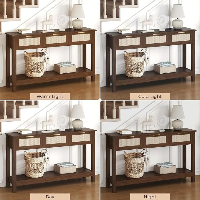 Luoxiao Console Table for Entryway with 3 Rattan Drawers Storage Open Shelf | Narrow Entry Table for Hallway, Foyer, Couch, Front Entrance, Anti-Tip, Easy to Assemble, 47 Inch, Walnut, Mid-Century Modern