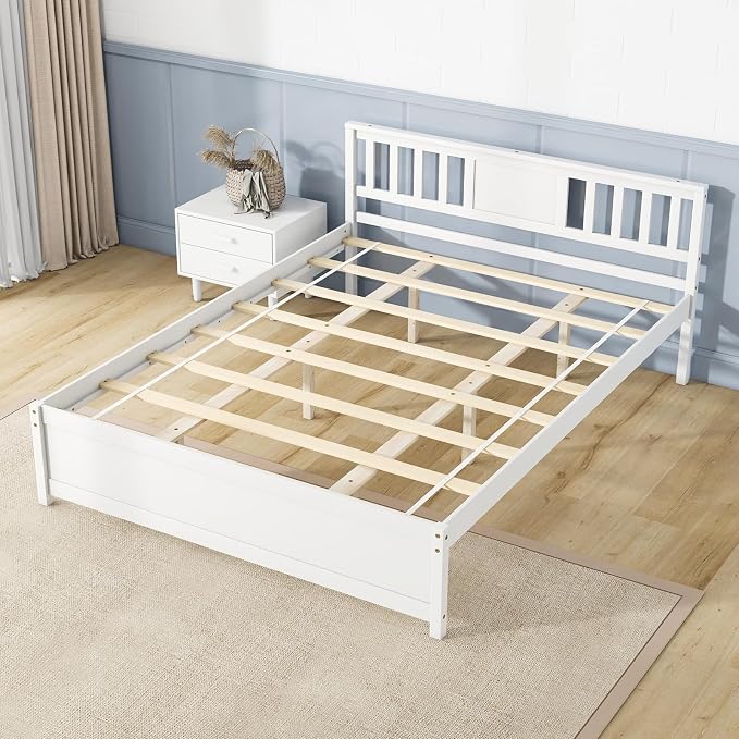 Giantex Queen Size Solid Wood Platform Bed Frame, Mid Century Queen Bed Frame with Headboard, Wooden Slat Support, Queen Panel Bed, No Box Spring Needed, Easy Assembly, White