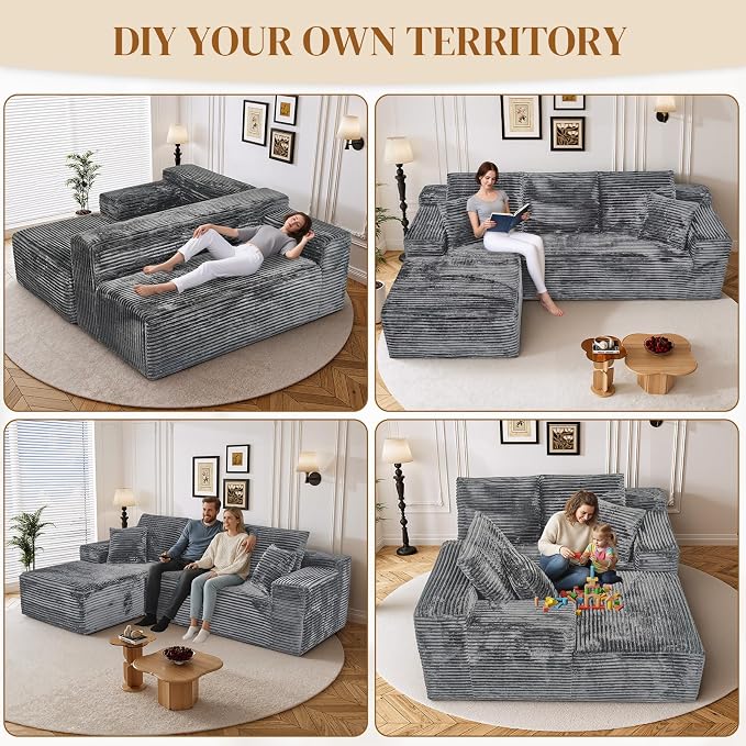 108" L Shaped Boneless Sectional Couches for Living Room, Comfy Corduroy Floor Cloud Sofa with Chaise, Wide Armrest, Deep Seat, Memory Foam, Assembly Free, Ideal for Small Spaces, Grey
