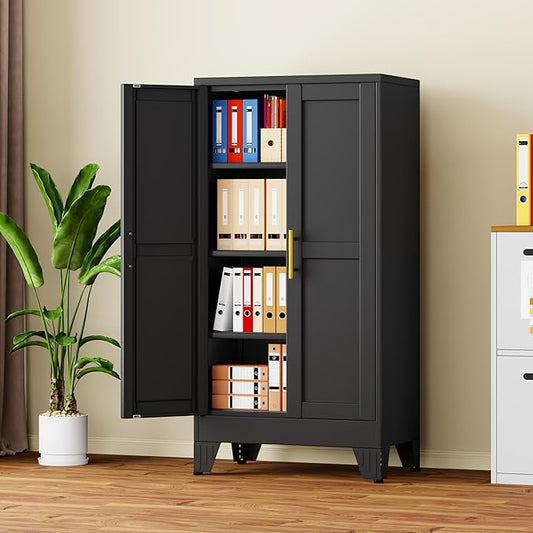 47" Black Metal Storage Cabinet with 2 Doors and 3 Adjustable Shelves,Steel Garage Tool Cabinet, File Cabinet,Kitchen Pantry Cabinet for Home,Office,Garage,School,Warehouse