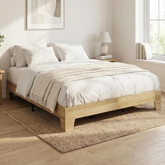 IDEALHOUSE Queen Size Platform Bed Frame,Boho Wood Bed with Noise-Free Slats,No Box Spring Needed,Nature Bedroom Furniture,Sturdy Wooden Bed Foundation,Easy Assembly