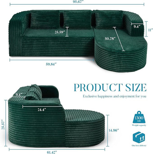 Hobestluk Modular Sectional Sofa Couches L-Shape Couch 3 Seat Modular Sofa Memory Foam Sectional Couches for Living Room, Cloud Couch (Round Green, 96", Right Hand Facing)