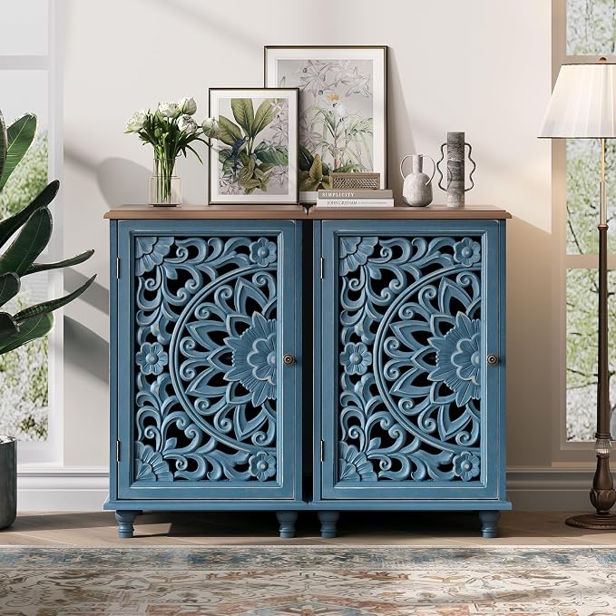 JOINICE Small Accent Cabinet with Hand-Carved Door for Living Room/Bedroom | Hand-Carved Floral Design, Farmhouse/Rustic Style, Space-Saving, Sofa Table, Solid Wood Legs, Adjustable Shelf, Easy Assembly