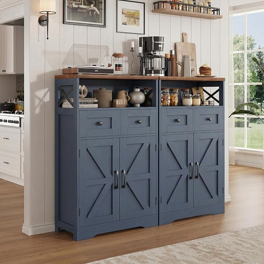 Blue Farmhouse Storage Cabinet Set of 2, Small Kitchen Pantry Storage Cabinet with Drawers and Adjustable Shelves, Sideboard Buffet Coffee Bar Cabinet for Living Room/Dining Room/Bathroom/Home Office