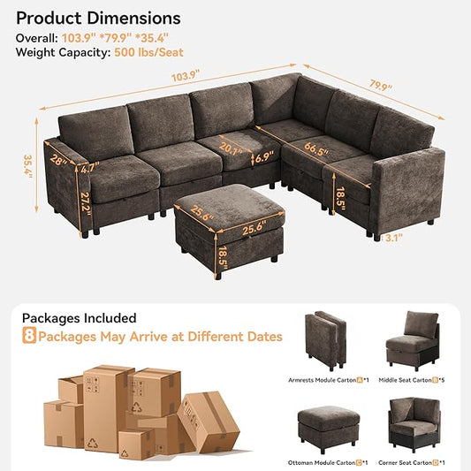 104'' V Shaped Modular Sofa, Sectional Couch with Storage for Living Room, Modern 7 Seater Cloud Sectional Couch with Movable Ottoman, Chenille Brown
