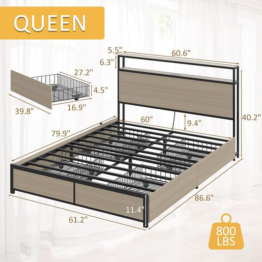 Lifezone Queen Bed Frame with 2-Tier Storage Headboard, Metal Platform Bed Frame with 4 Storage Drawers, Built in Charging Station & LED, Noise-Free/Metal Support/No Box Spring Needed, Beige
