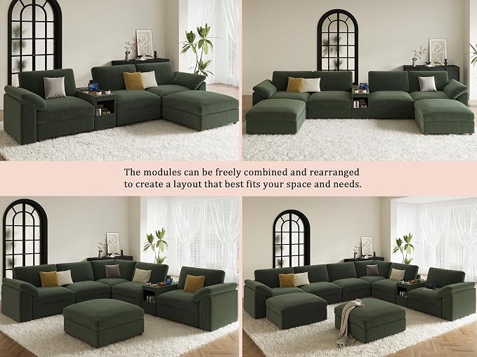 EASE MOOSE Oversized Sectional Modular Sofa with Console,Comfty Deep Seat Modular Cloud Couch,Large v Shape Sectional Couch Removable Cover,Green