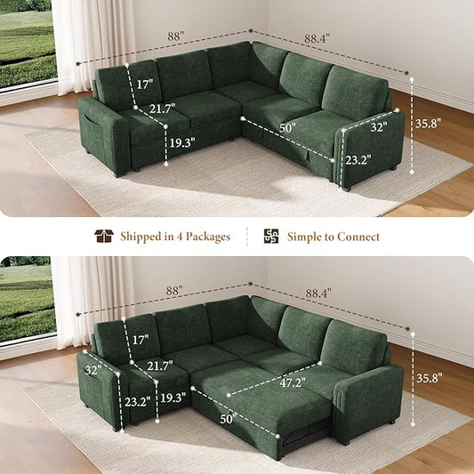 Vesgantti 88.4" Sectional Sleeper Sofa with Pull Out Bed, 5 Seater L Shaped Modular Sectional Couch with Storage, Comfy Chenille Modular Couch for Living Room, Bedroom, Apartment, Green