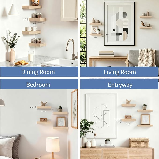 Oak Floating Shelves for Wall, Set of 4 Rustic Wood Shelves Over Toilet for Bathroom, Bedroom, Kitchen & Living Room Decor Display, for Plants, Towels & Books, 12"x7"x1.5"
