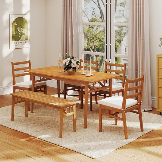 Tangkula 6 Pieces Patio Acacia Wood Dining Set, Outdoor Rectangular Table with 1.97” Umbrella Hole, Bench and Cushioned Chairs for 6, for Deck, Yard and Poolside
