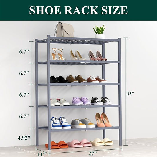 Smiry Bamboo Shoe Rack, 5 Tier Free Standing Wooden Shoe Organizer, Stackable Wood Shoe Storage Shelf for Closet, Entryway, 14 Vertical Slats, 2+2+1 Stack Heavy-Duty Legs, 26.8"x11"x32.5", Grey