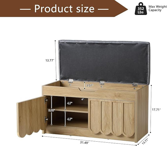 ORRD Shoe Storage Bench with Cushion, Entryway Shoe Cabinet Bench with 2 Scalloped Doors & Adjustable Shelf, 2-Tier Shoe Rack Organizer Cabine for Entryway, Hallway, Living Room (Natural)