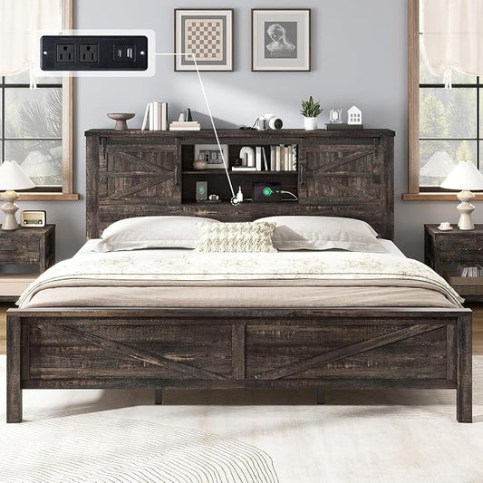 AMERLIFE 3-Piece Farmhouse Bedroom Set, King Size Bed with Sliding Barn Doors & Bookcase Headboard, 5-Drawer Tall Dresser, 4-Drawer Wide Dresser, Black Oak