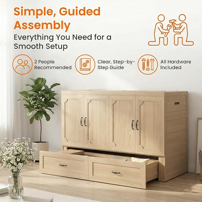 CECER Queen Murphy Bed with Mattress for Small Space/Guest-Natural Wood | Large Storage Drawer & Built-in Multi-Port Charging Station,Space Saving & Easy Assemble and Conversion