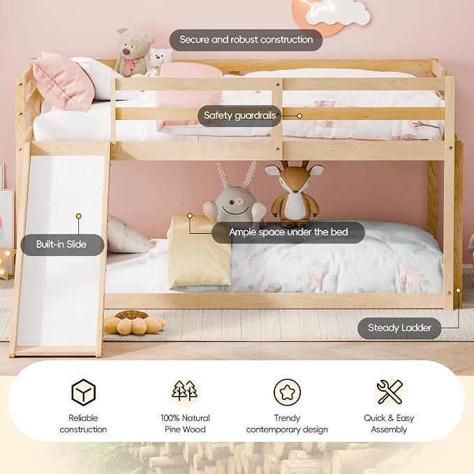 Bunk Bed with Slide, Wooden Bed Frame for Kids, Low Loft Bunk Bed Twin Over Twin with Ladders, Safety Guardrails for Kids, Toddlers, Boys, Girls, Teens, Bedroom (Natural)