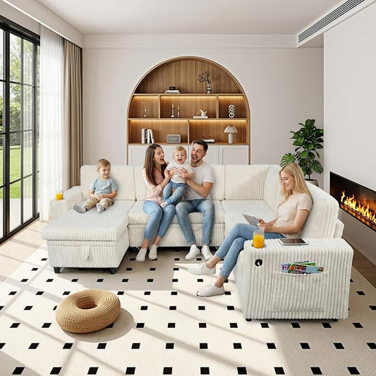 Sectional Sleeper Sofa with Pull Out Bed, 7 Seats U Shaped Sleeper Sofa with Storage Chaise, USB Ports, Cup Holders, Plush Corduroy Sectional Couch for Living Room, Beige