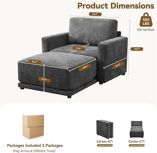 44.2" Chenille Oversized Chair with Movable Ottoman, Modular 1 Seat Couch with Thickened Cushions, Modern Single Sofa Chaise Lounge Reading Chair for Living Room, Small Apartment, Grey