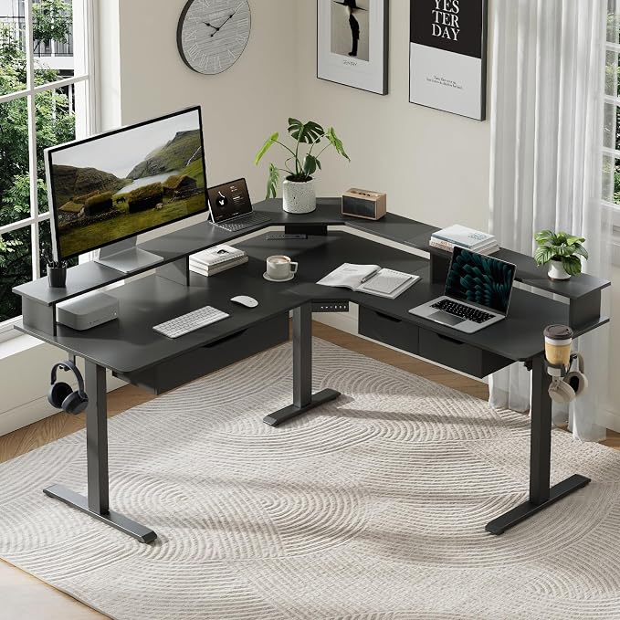 MALOL 59" L Shaped Electric Standing Desk with Drawers, Height Adjustable Desk with Power Outlets & LED Lights, Monitor Stand, Corner Computer Desk for Home Office, Black